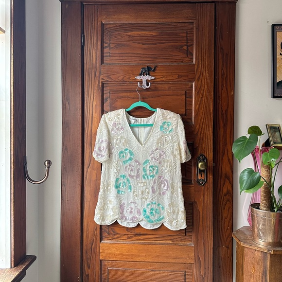 Nu Look Tops - Vintage Floral Sequined Embroidered Teal, Pink & White Blouse